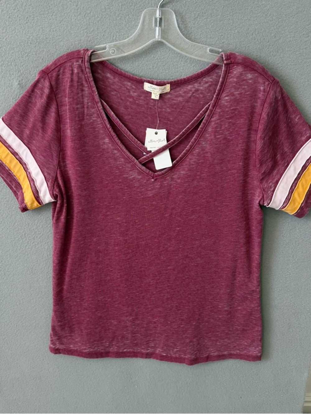 Ultra Flirt Burgundy Crisscross V-Neck Tee Pink and Mustard Sleeve Stripes XL